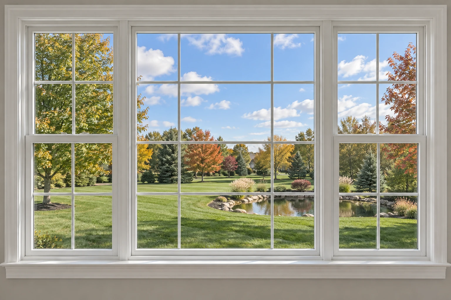 A crisp white divided-pane replacement window looking onto a flat northwest Ohio backyard with green lawn, a small landscaped pond, and green, gold, and orange maple trees.